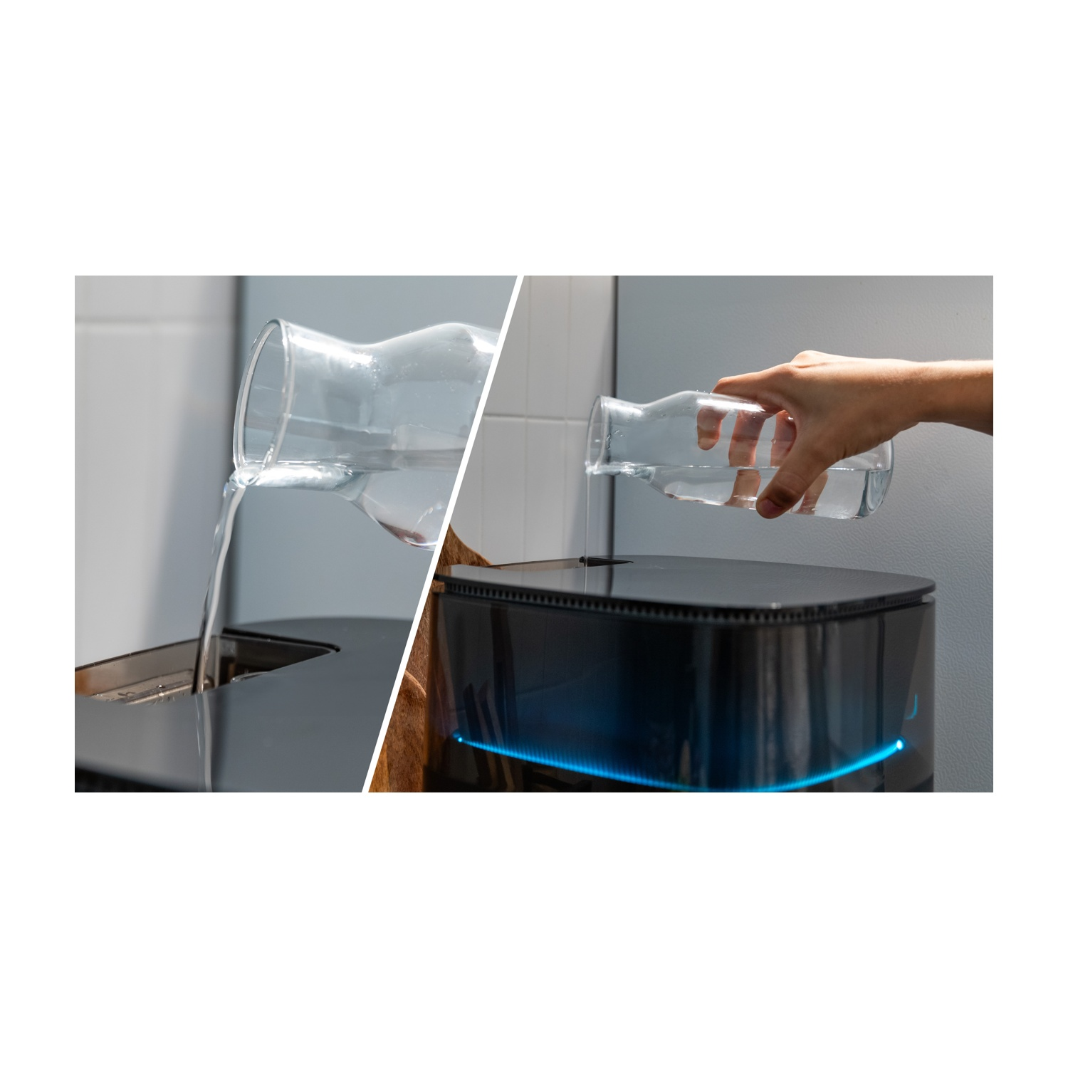 Una persona versa acqua da una caraffa di vetro in un dispositivo nero. Il dispositivo ha una luce blu in basso.