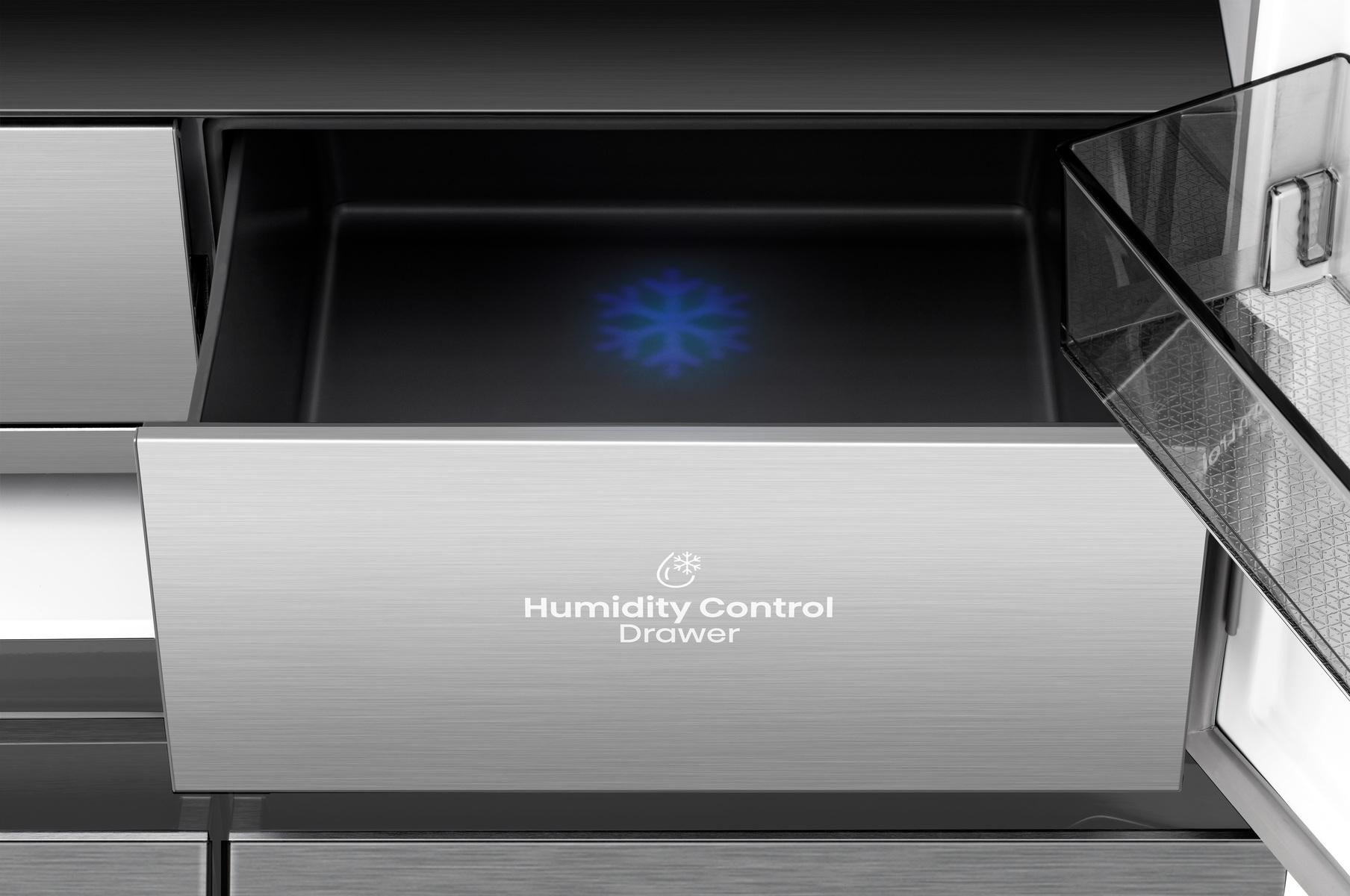Kühlschrank-Schublade mit Schneeflocken-Symbol. Aufschrift: 'Humidity Control Drawer'. Eine durchsichtige Tür ist angelehnt. Silbermetall.