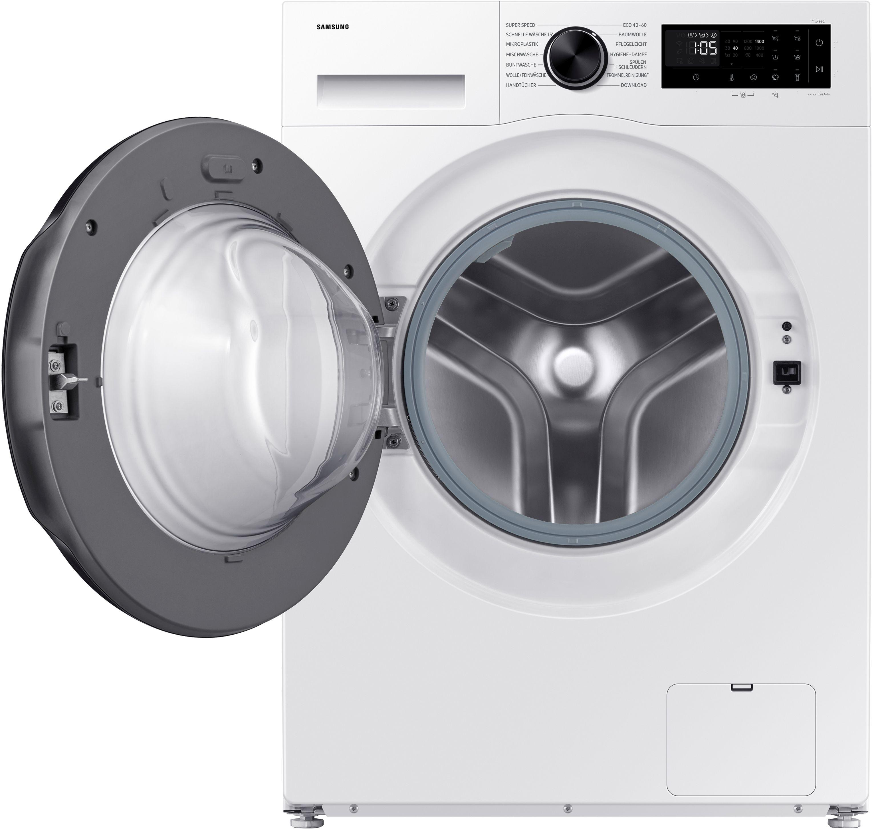 Eine weiße Samsung-Waschmaschine mit geöffneter grauer Tür. Das Bedienfeld zeigt verschiedene Einstellungen und eine Digitalanzeige.