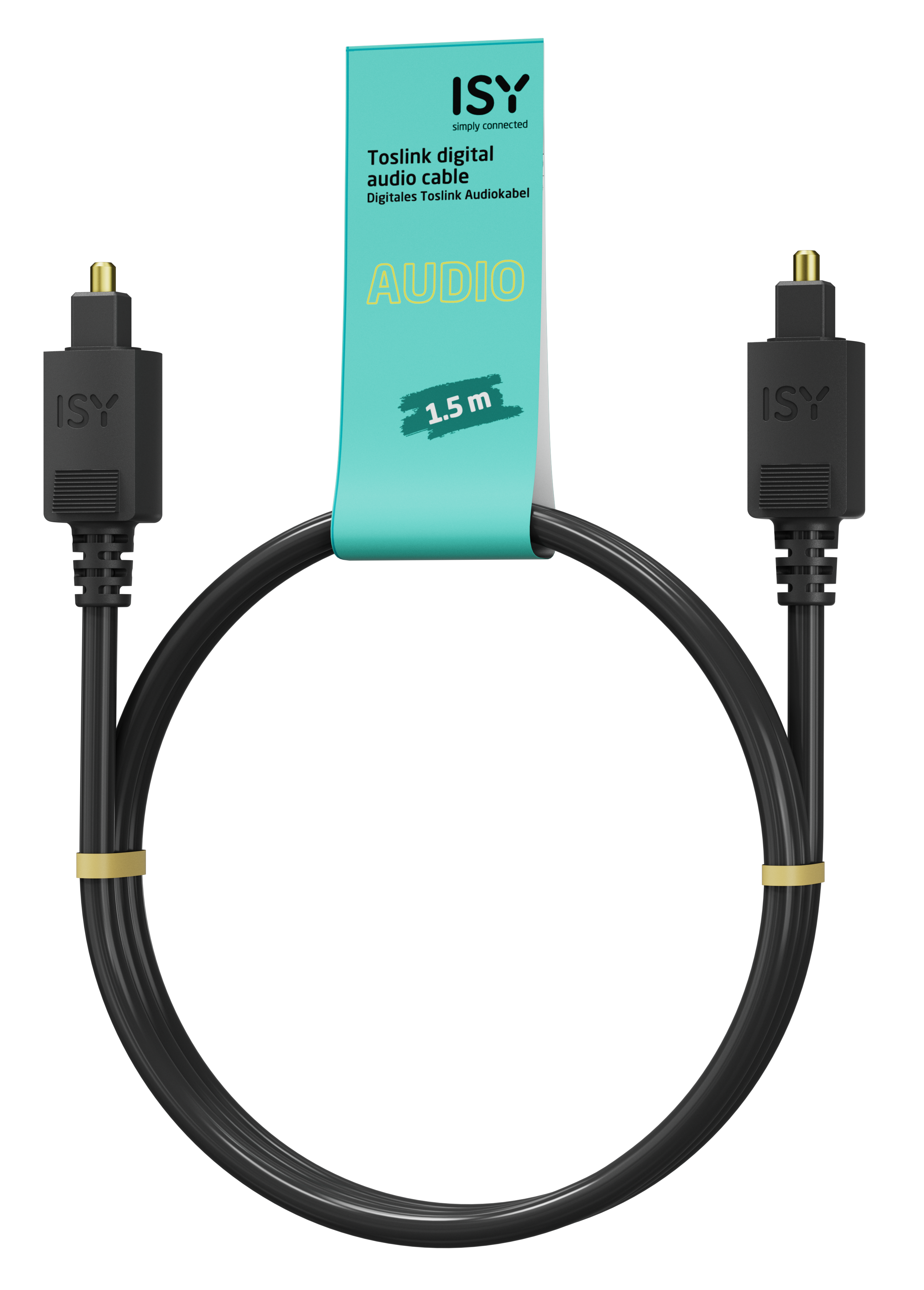 Czarny kabel audio Toslink ze złotymi złączami i turkusową etykietą z napisem 'AUDIO'.