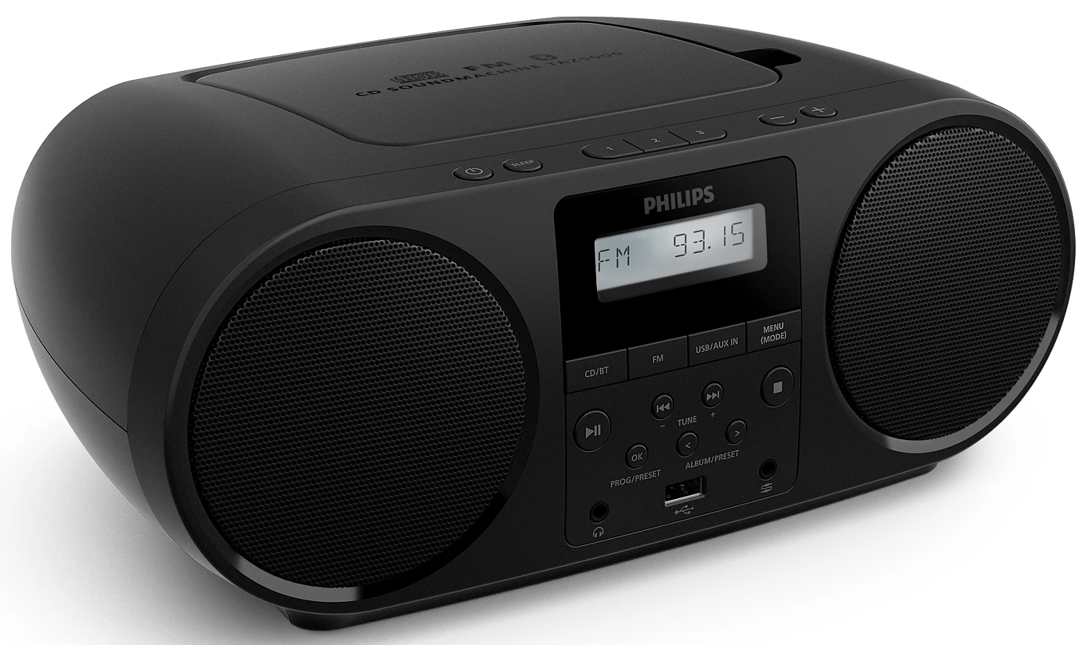 Egy fekete Philips CD-lejátszó. Digitális kijelzőjén az FM rádió frekvenciája látható. Két hangszóró és különböző gombok láthatók.