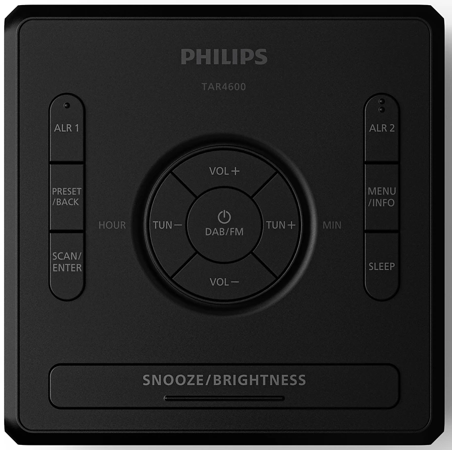 Fekete Philips rádió gombokkal: ALR1, Preset/Back, Scan/Enter, Hour, Tun-, DAB/FM, Tun+, Min, ALR2, Menu/Info, Sleep, Snooze/Brightness.