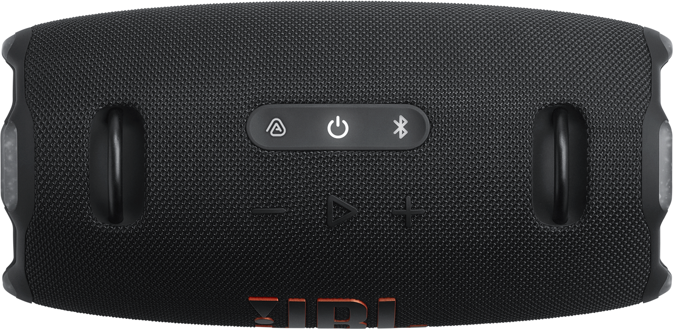Fekete JBL hangszóró vezérlőgombokkal. Fogantyúk és JBL logó. A gombok közé tartozik a bekapcsolás, a bluetooth és a hangerőszabályzó.