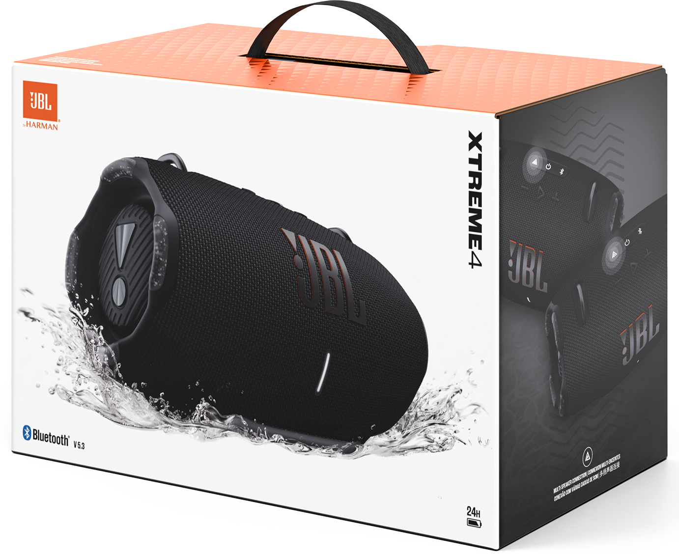 Egy fekete JBL Xtreme 4 hangszóró látható. Vízben van egy fehér dobozzal mögötte. A dobozon a JBL és az Xtreme 4 felirat olvasható.