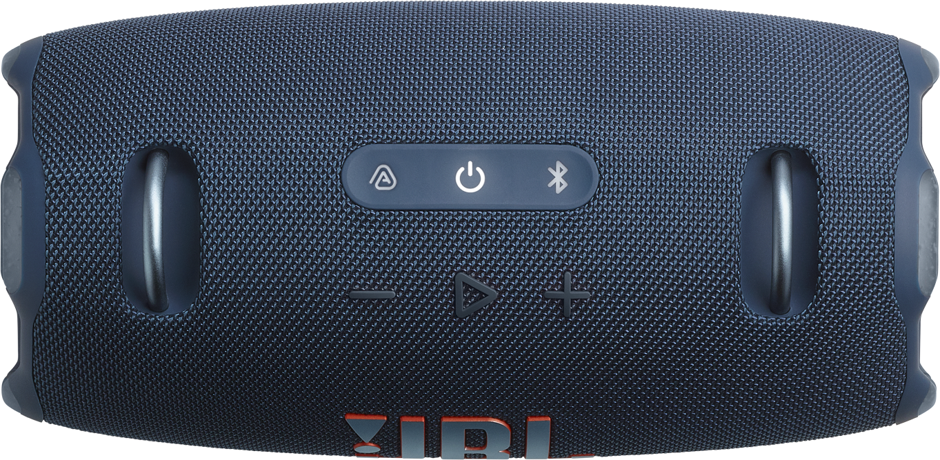 Egy kék hangszóró vezérlőgombokkal. Van bekapcsolás, Bluetooth és hangerő szabályzó. A JBL logó alul található.