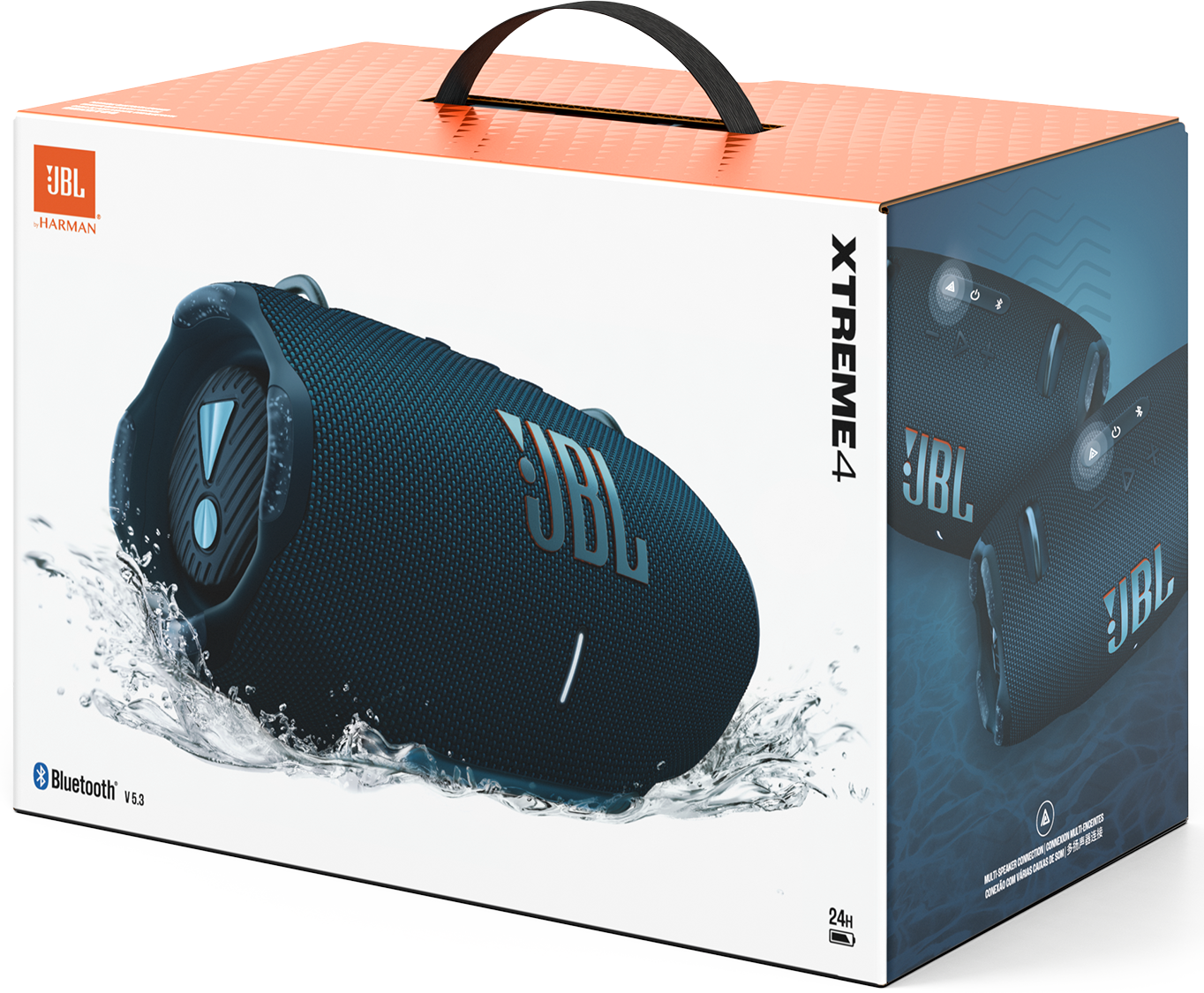 Egy JBL Xtreme 4 hangszóró látható, ahogy a csomagolása előtt a vízből emelkedik ki. A dobozon a hangszóró látható.