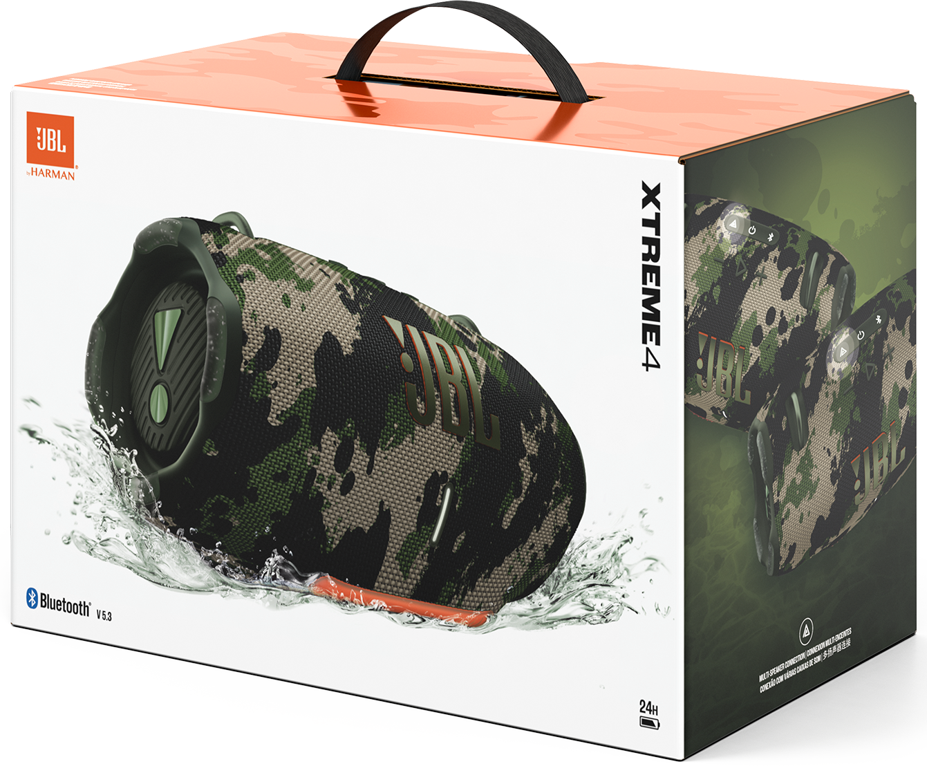 JBL Xtreme 4 hangszóró álcázott dizájnban, vízből kiemelkedve, fehér dobozon, narancssárga tetővel. JBL logó és XTREME4 felirat látható.