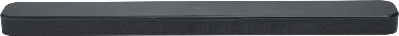 Egy sötétszürke JBL soundbar. Mesh előlapja, sima teteje és vezérlőgombjai vannak. A JBL logó látható.