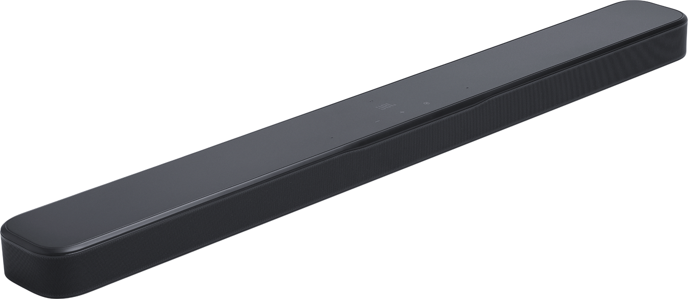 Fekete JBL soundbar fekete háttérrel. Lekerekített élei vannak, és hálós hangszóró borítás.