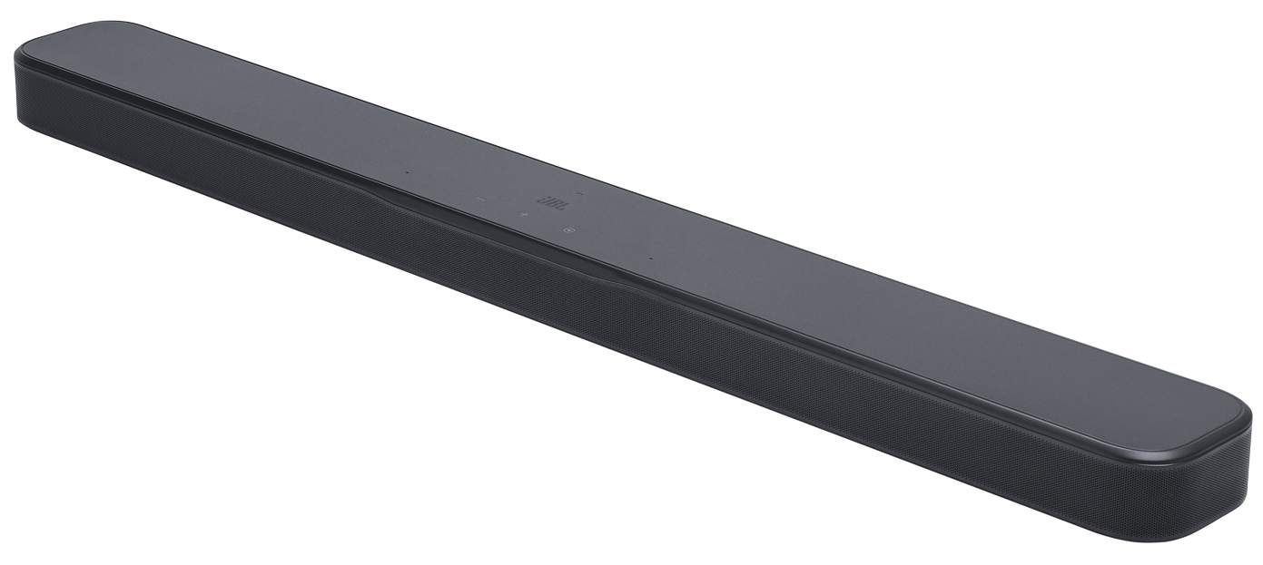 Sötétszürke JBL soundbar fekete háttérrel. Sim a teteje, texturált az eleje, vezérlőgombokkal.