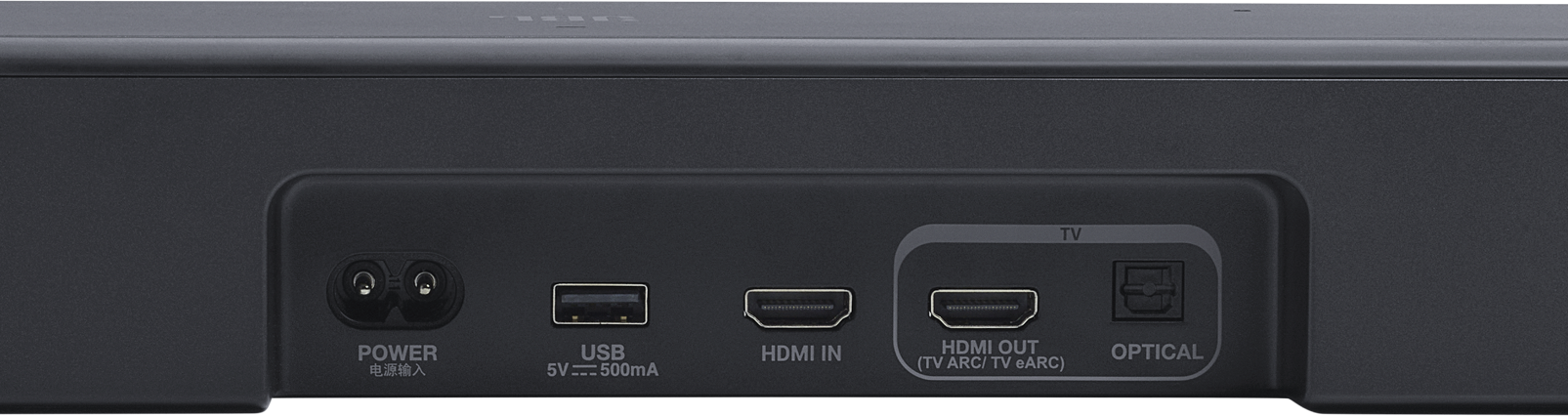 Soundbar hátlapja, tápellátással, USB-vel, HDMI be/kimenettel és optikai portokkal. Fekete színű, feliratokkal.