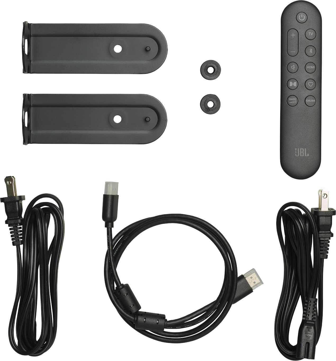 Egy JBL soundbar rendszer távirányítóval, tápkábelekkel és HDMI kábellel. Az alkatrészek feketék, fekete háttéren.