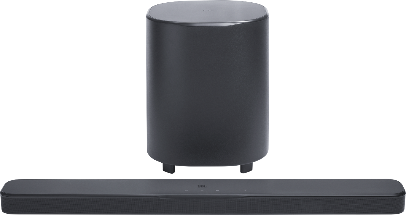 Fekete JBL soundbar rendszer fekete háttérrel. Tartalmaz egy mélynyomót és egy soundbart.