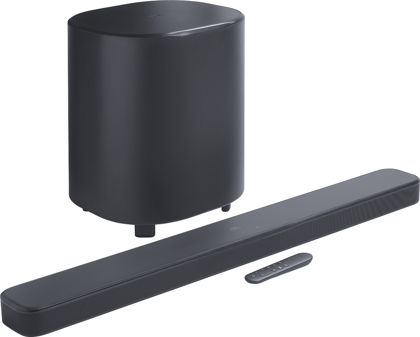 Sötétszürke soundbar, mélynyomó és távirányító. A mélynyomó hengeres. A soundbar téglalap alakú. A távirányító kicsi.