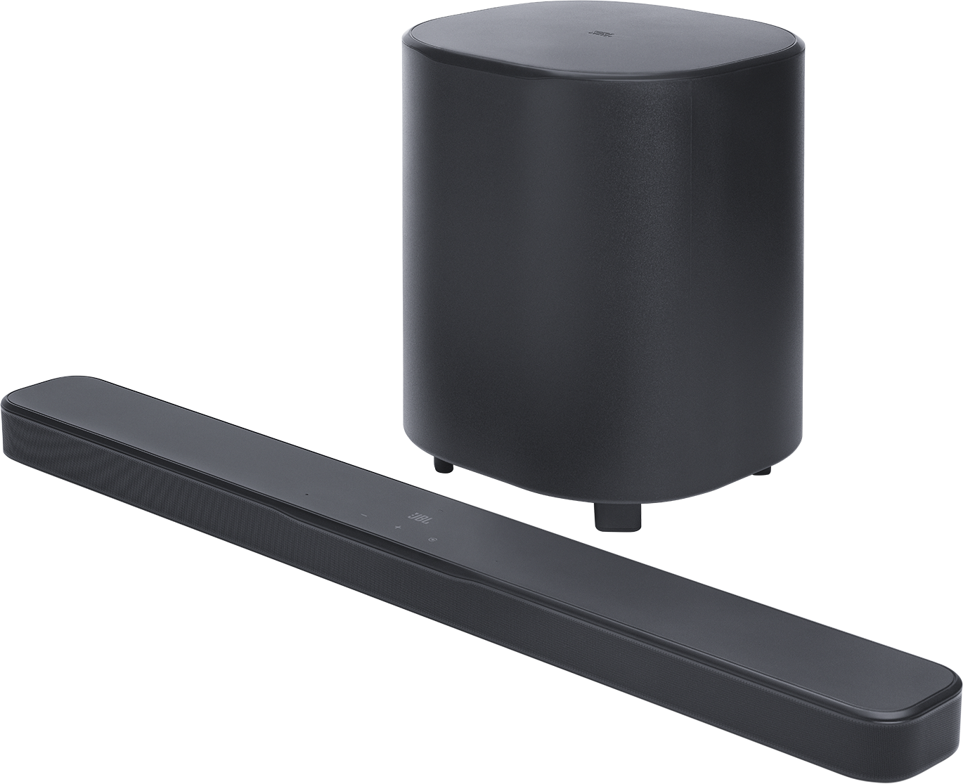 Fekete soundbar és mélynyomó készlet fekete háttéren. A soundbar téglalap alakú, a mélynyomó hengeres.