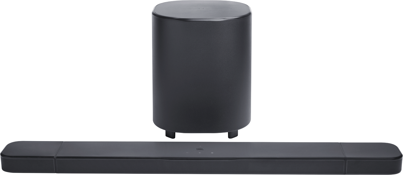 Egy fekete soundbar hengeres mélynyomóval. A JBL logó látható. A háttér világosszürke.