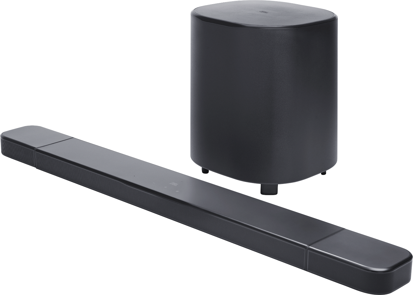 Egy fekete soundbar és mélynyomó szett. A soundbar hosszú és téglalap alakú. A mélynyomó hengeres.