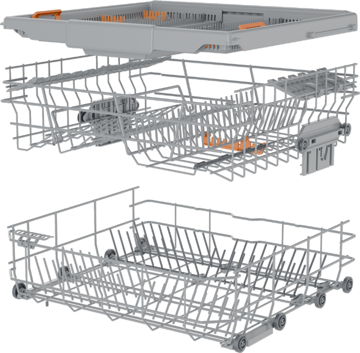 Pokazano trzy kosze zmywarki, górny, środkowy i dolny. Kosze są szare, z pomarańczowymi uchwytami i wspornikami. Kółka są obecne na dolnym koszu.