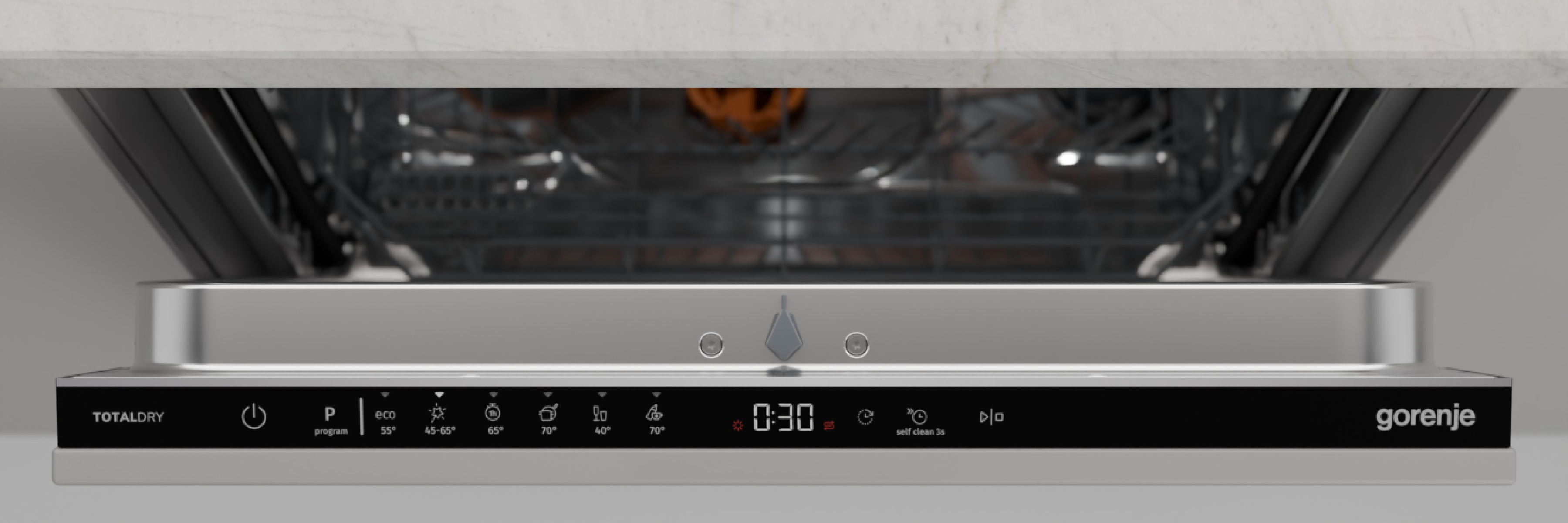 Zmywarka z elementami sterującymi wyświetlającymi timer i różne opcje programu. Widoczny jest wewnętrzny stojak.