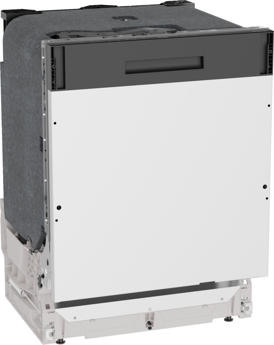 Częściowo zmontowana zmywarka. Ma białe drzwi, szczyt i białe elementy wewnętrzne. Tył jest odsłonięty.