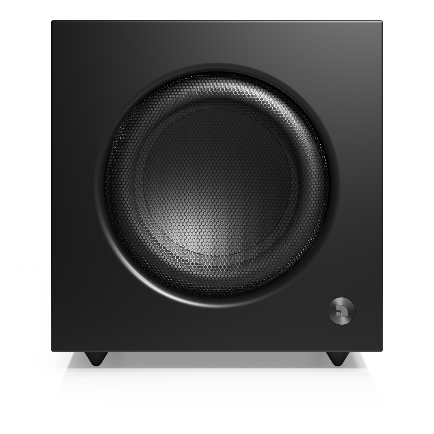 A black subwoofer with a circular speaker covered by a honeycomb mesh. A small logo is at the bottom right.