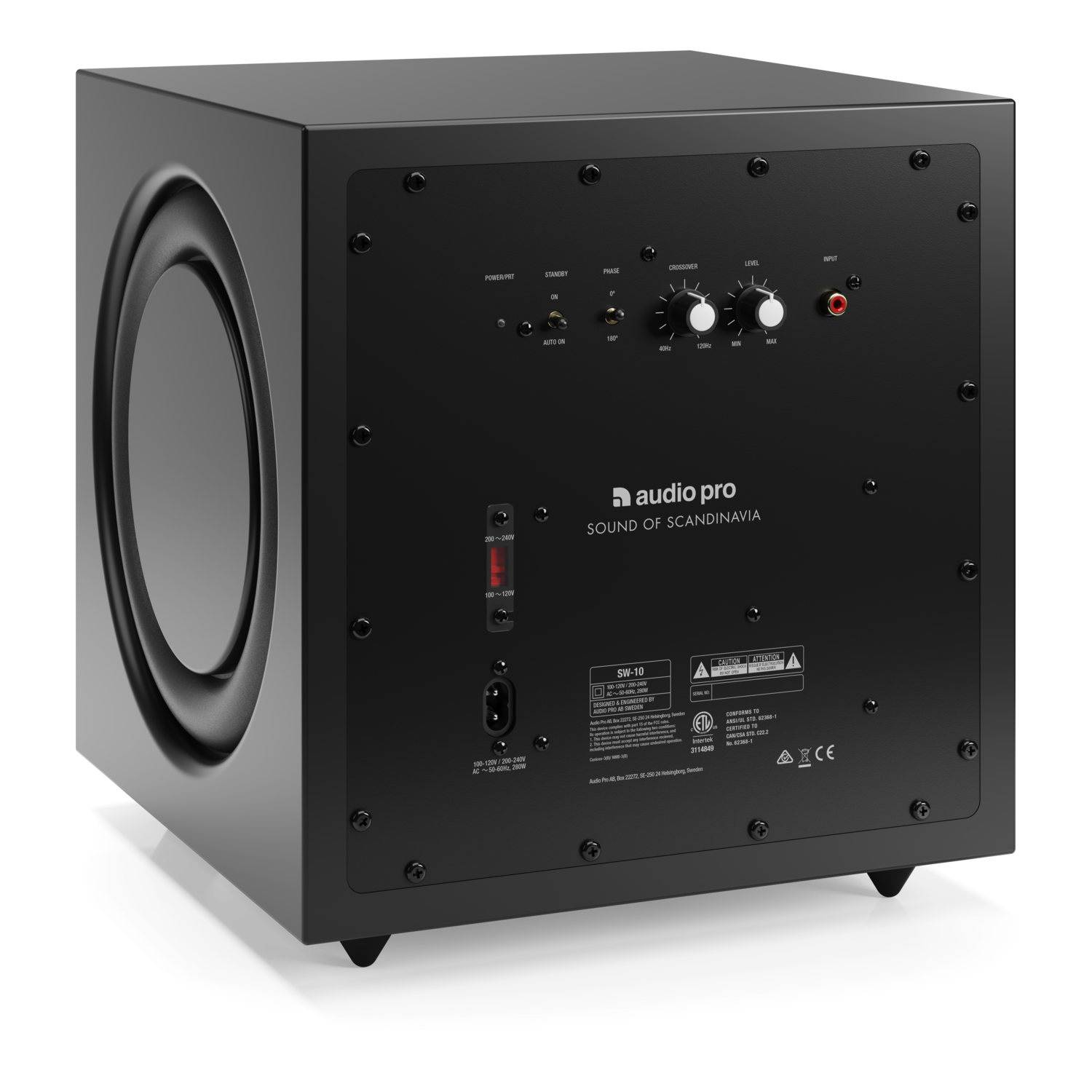 Black subwoofer with a large circular port on the side. Controls and inputs are on the back panel. 