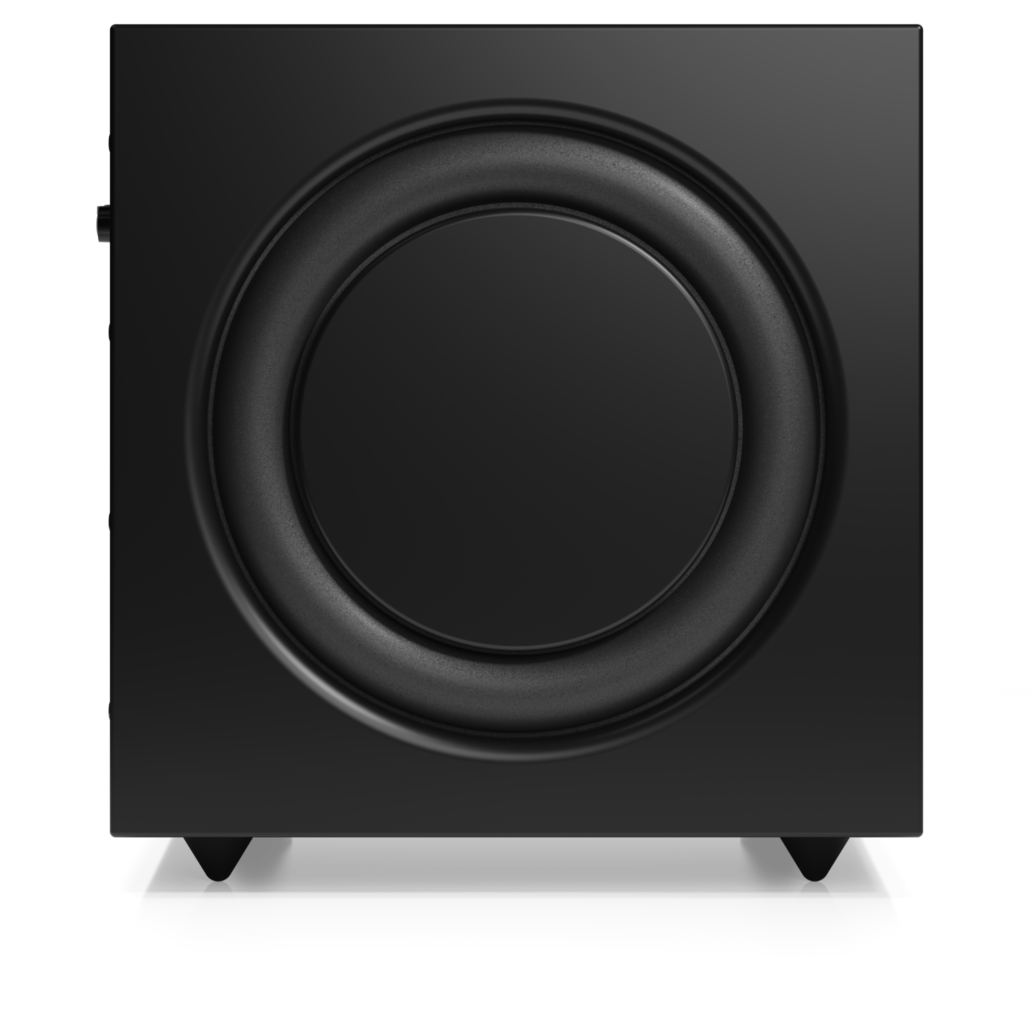 A black subwoofer with a large, circular speaker. The speaker is surrounded by a thick, black ring. The box has legs.