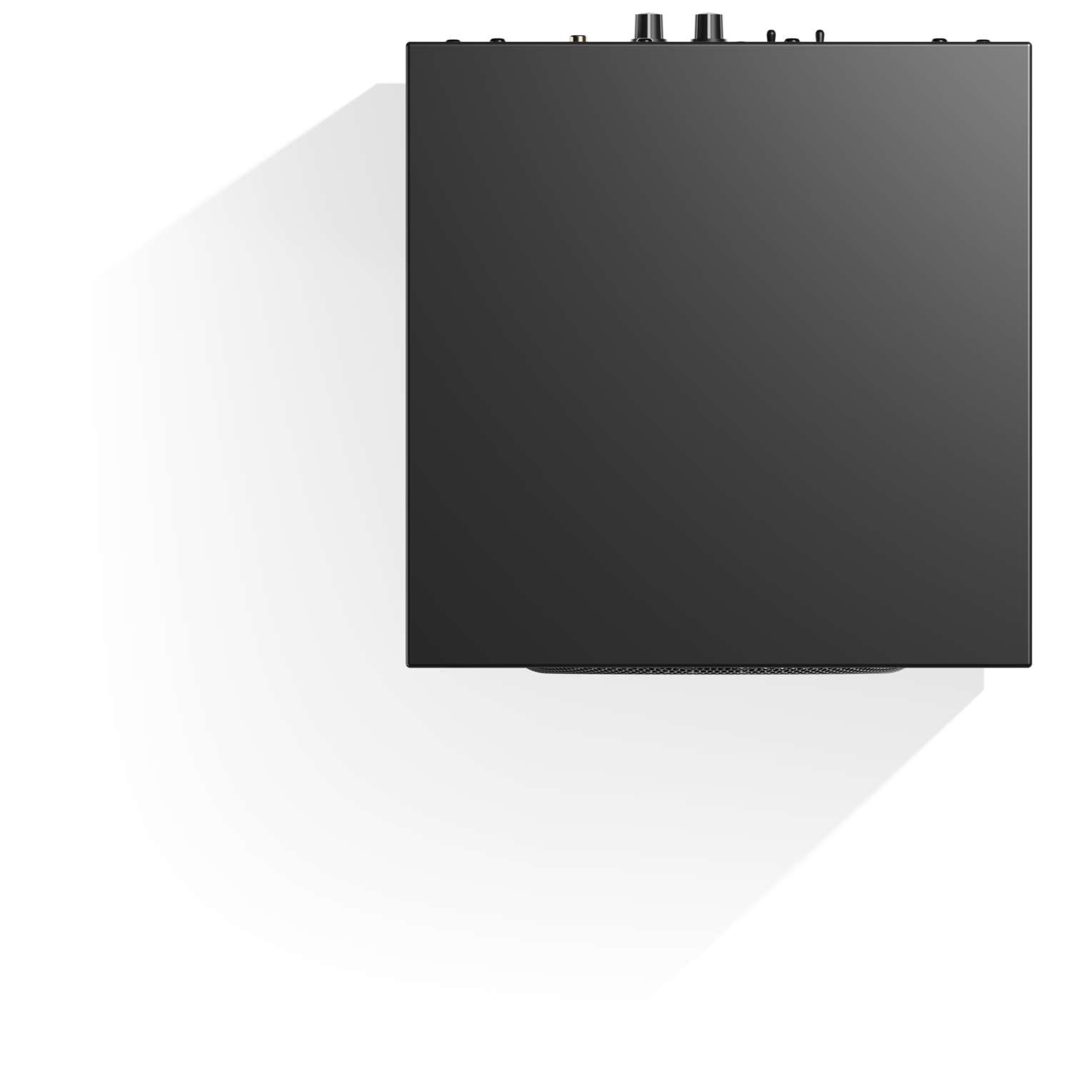 A dark gray rectangular device with several buttons and knobs on top. The background is black.