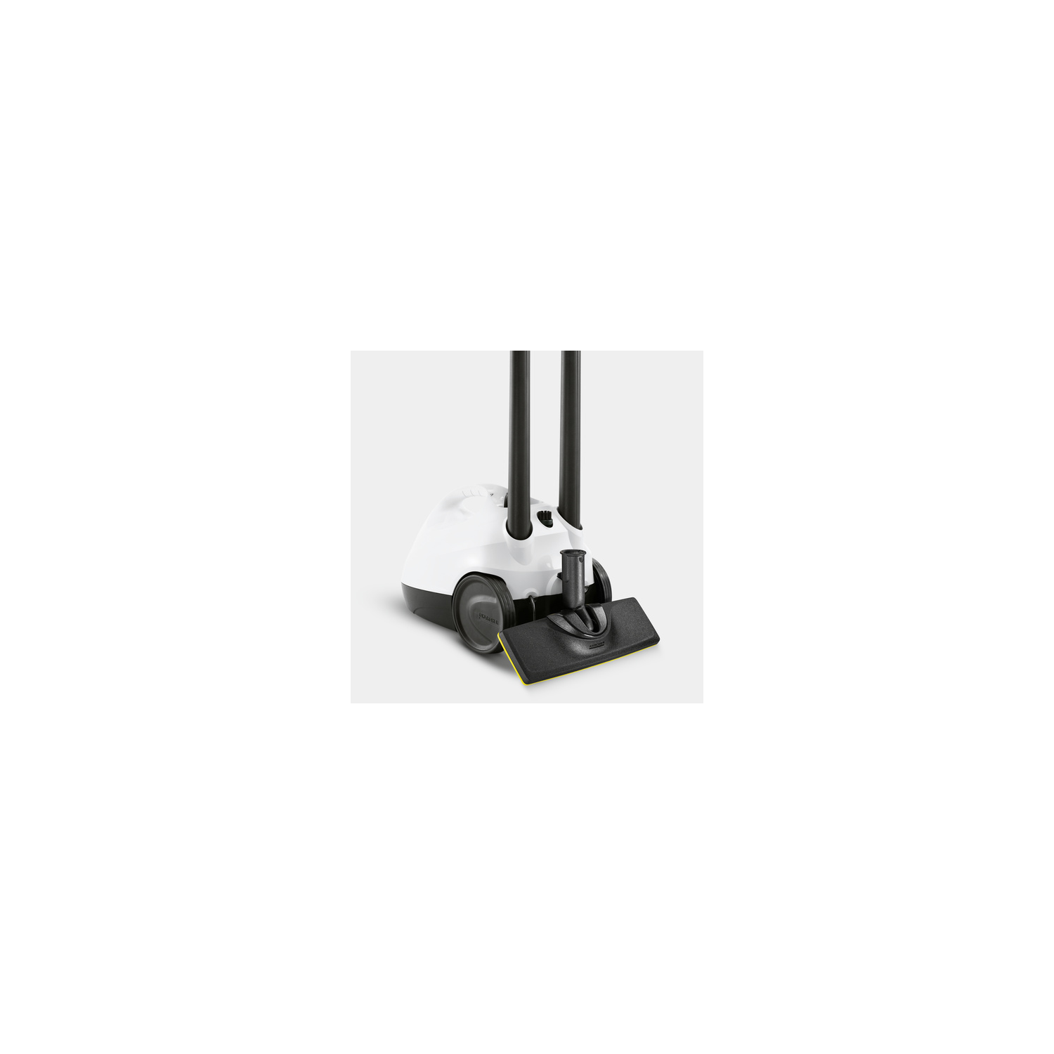 A white and black steam cleaner on a white surface. It has two black handles and a black cleaning head with a yellow edge.