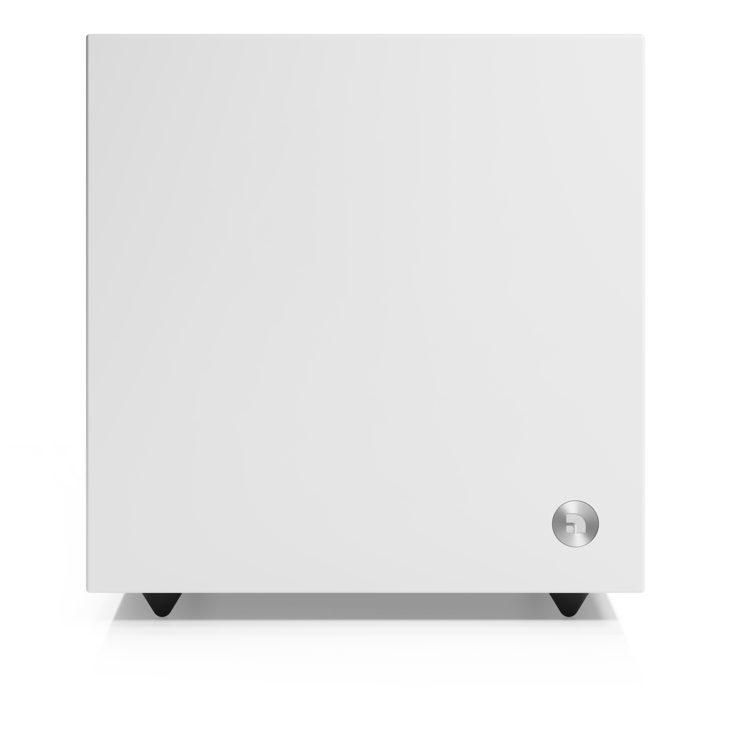 White rectangular object on a black background. It has a silver logo on the right and black feet. 