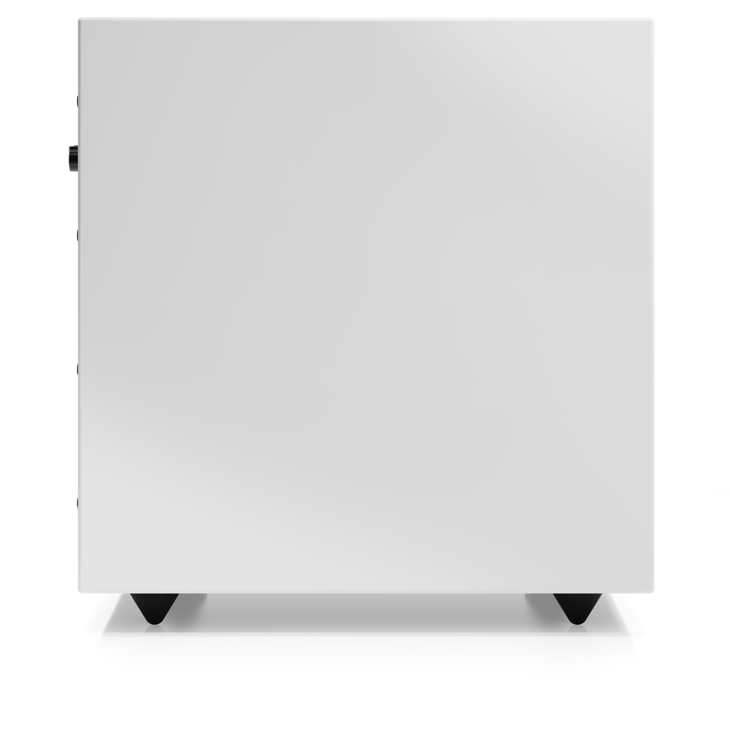 A white cabinet viewed from above, set against a black background. It has a handle on the left side and black feet.