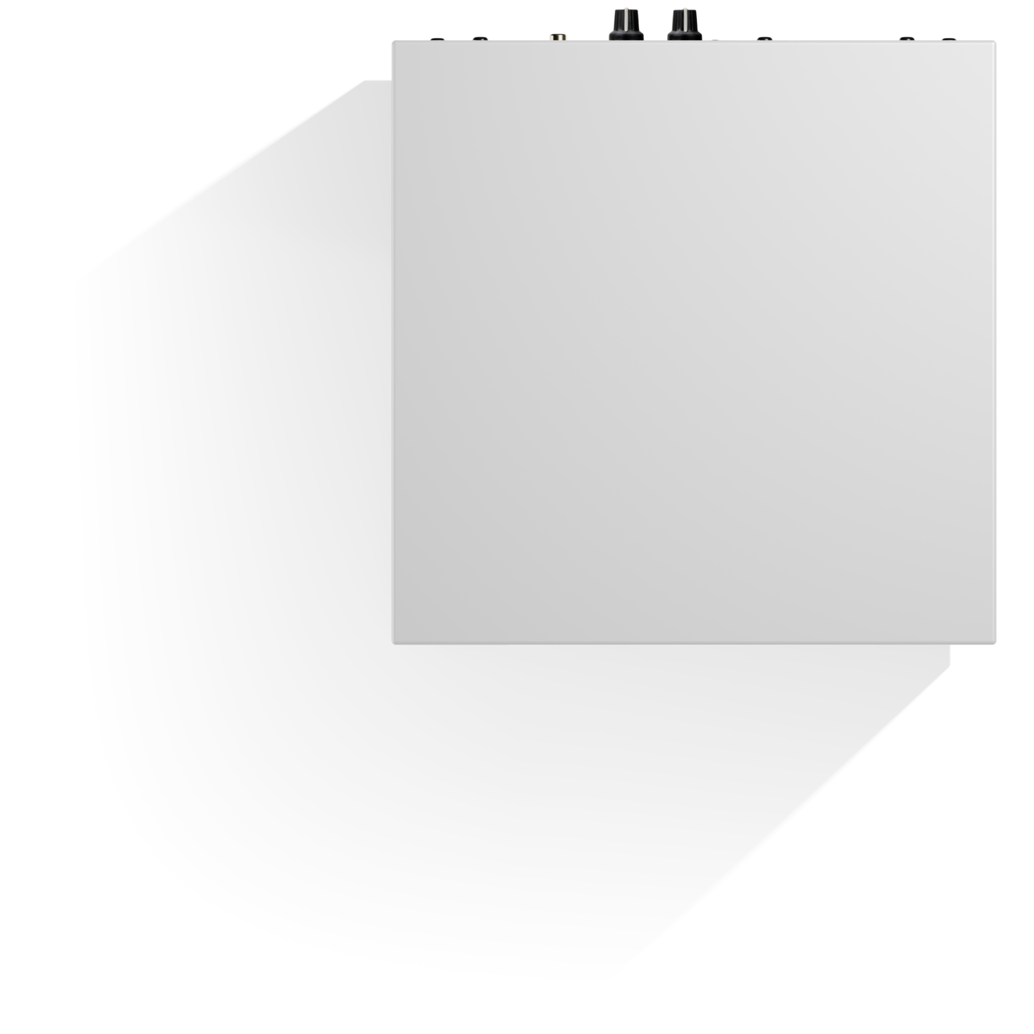 A white rectangular device with two black knobs on top. The background is black.