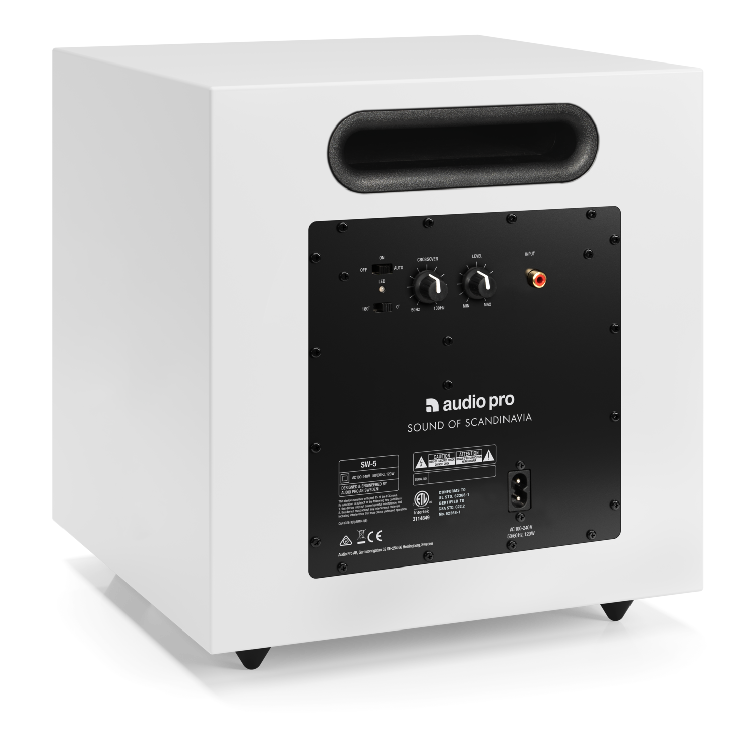 White subwoofer with black back panel. It has controls for crossover and level. A port is on top. The brand is Audio Pro.