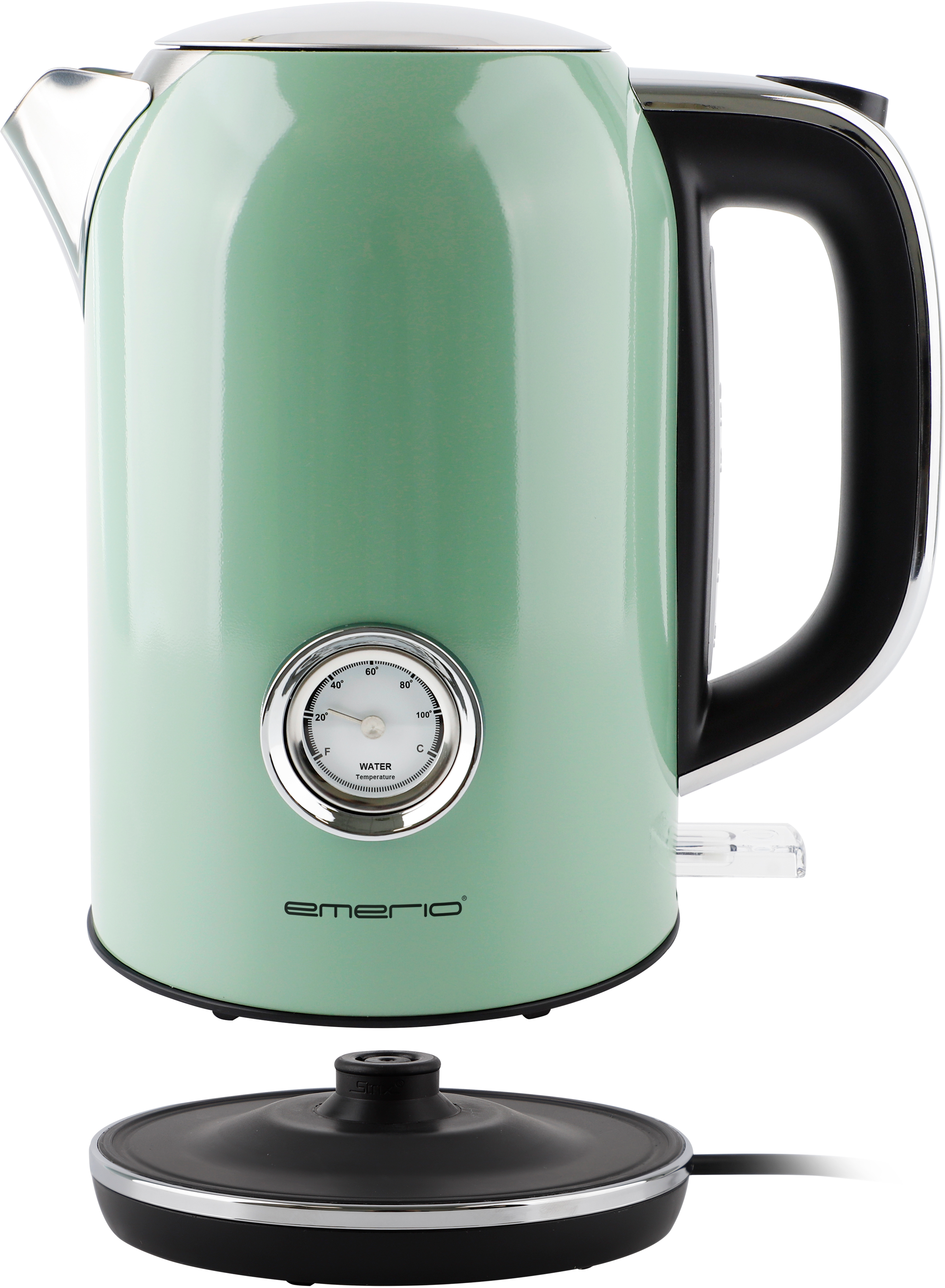 Ein mintgrüner Wasserkocher mit schwarzem Griff und Temperaturanzeige. Die Basis ist schwarz, abgenommen.
