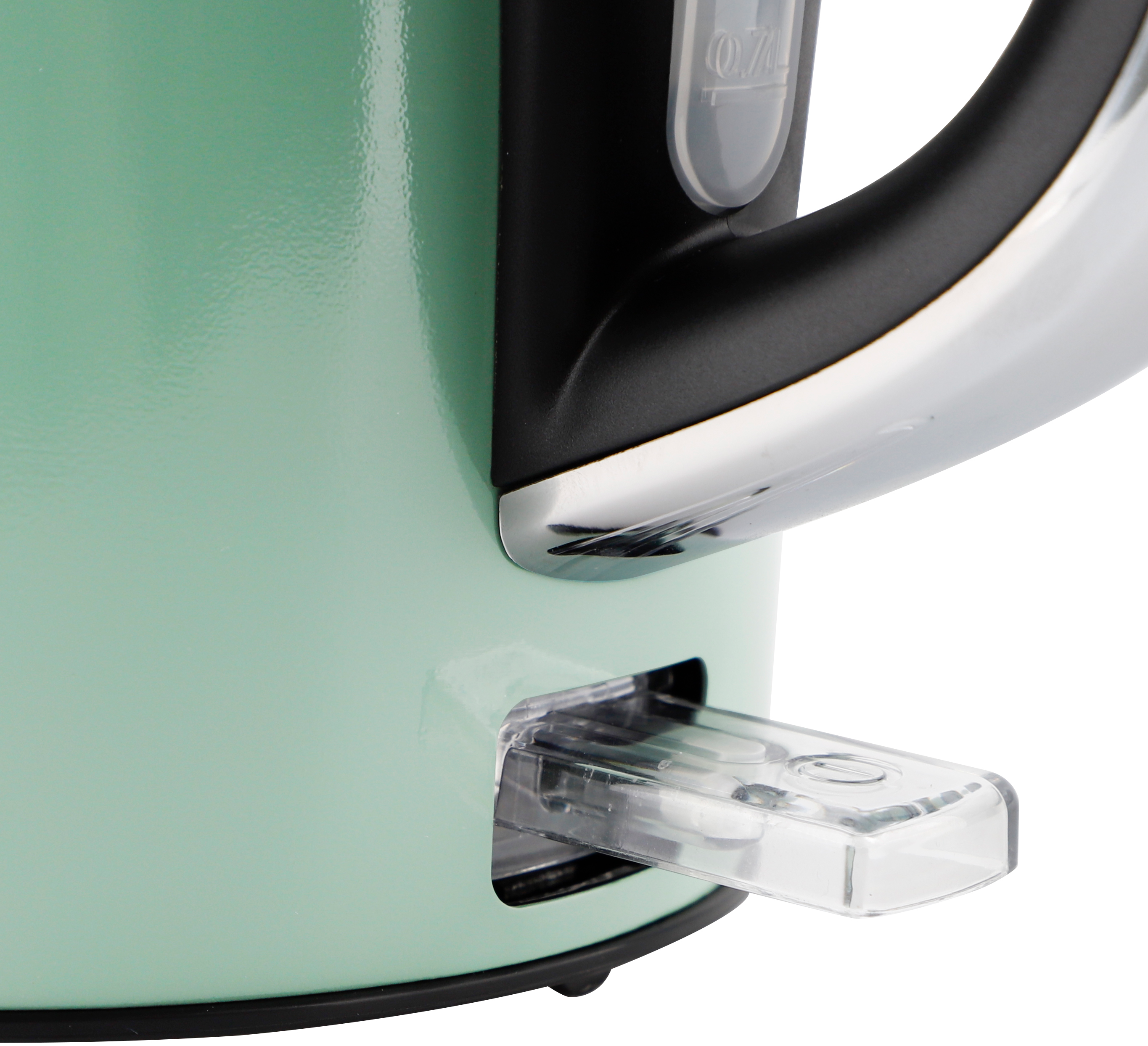 Nahaufnahme eines mintgrünen Wasserkochers. Mit schwarzem Griff, transparentem Wasserstandsanzeiger und durchsichtigem Knopf.