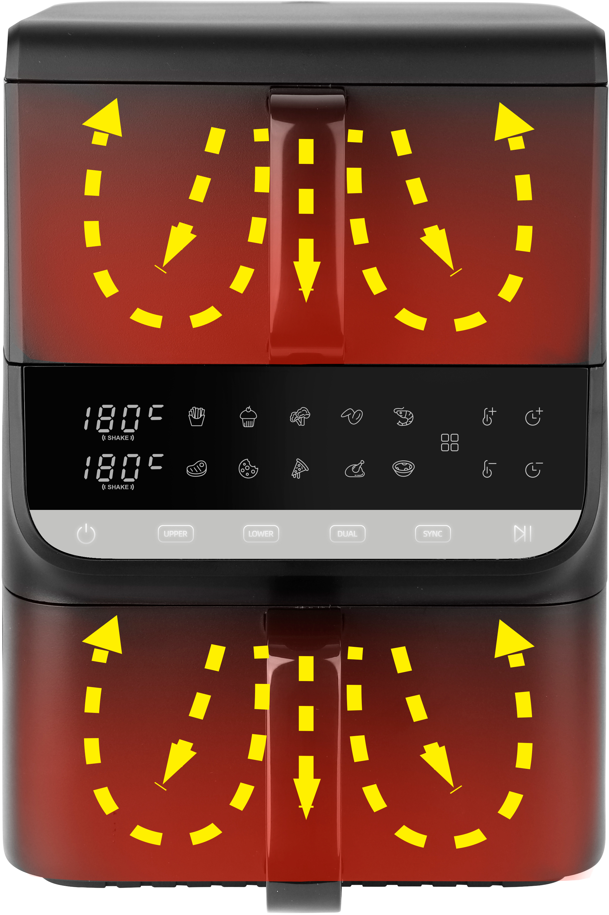 Schwarze Heißluftfritteuse mit roten Akzenten. Gelbe Pfeile zeigen den Luftstrom an. Digitalanzeige zeigt Temperatur und Kochsymbole.