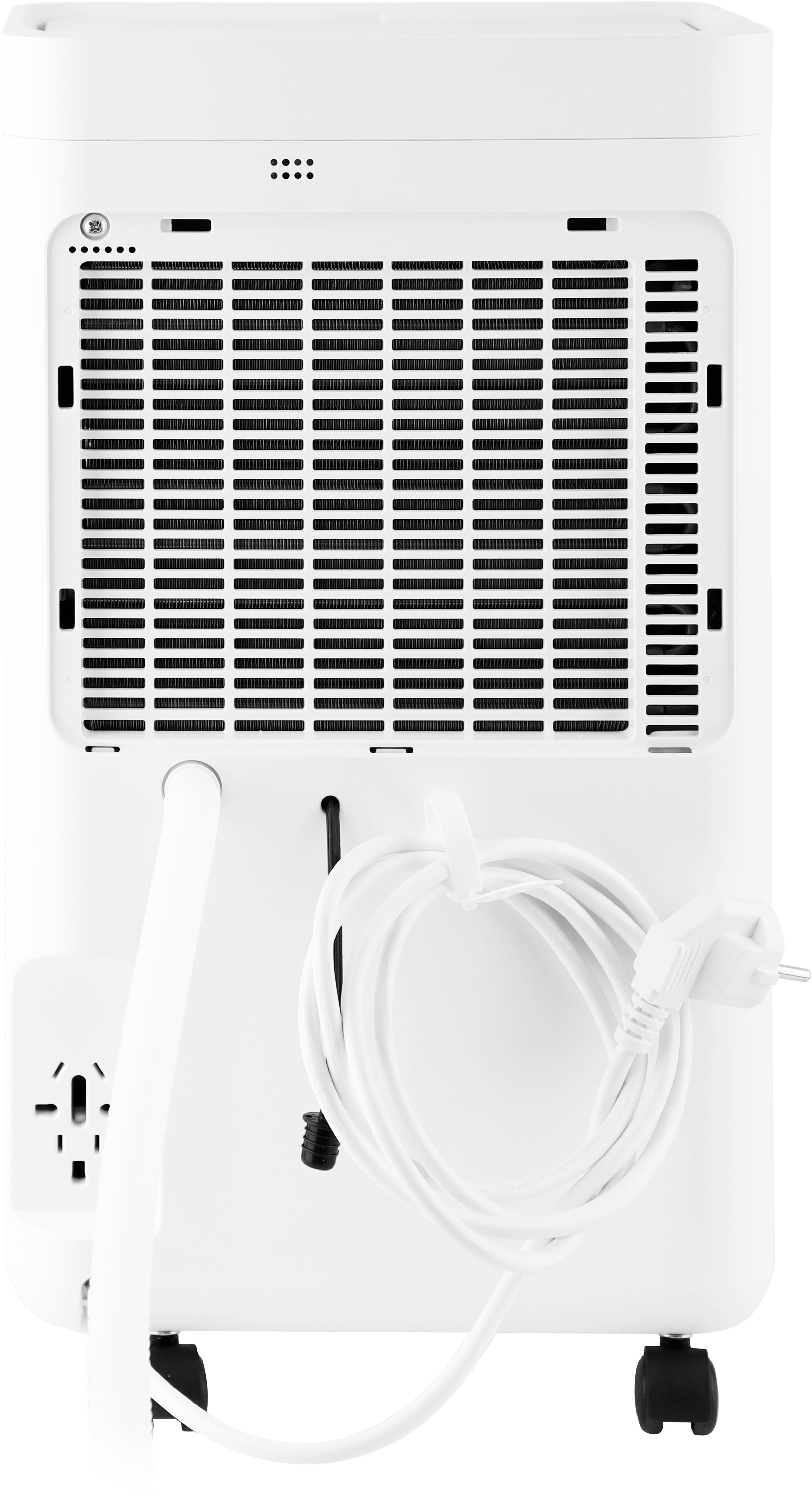 Rückseite eines weißen Klimageräts. Merkmale: Lüftungsschlitze, Netzkabel und Stecker. Schwarze Räder unten.