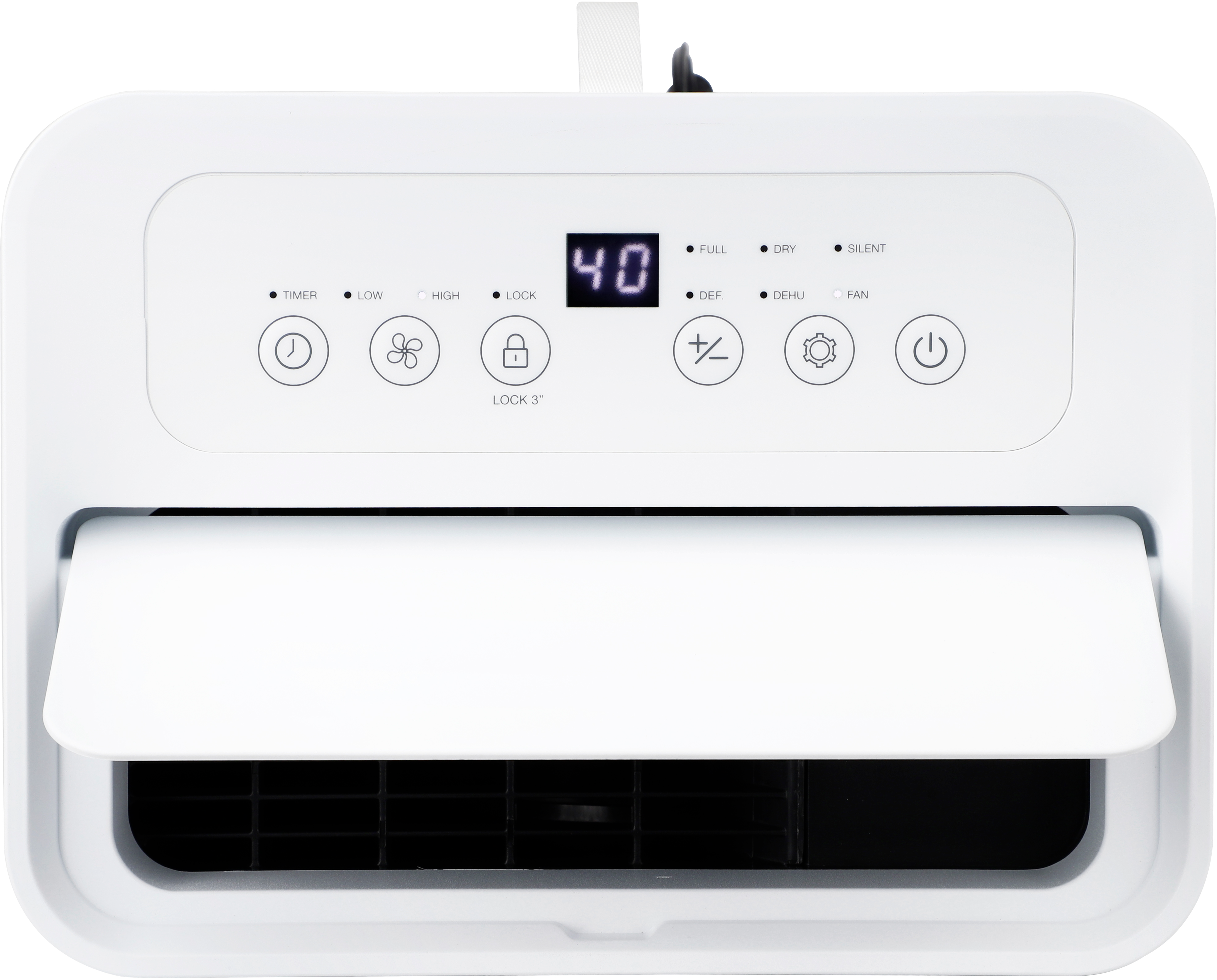 Weißer Luftentfeuchter mit digitaler Anzeige 40. Tasten: Timer, Lüfter, Ein/Aus. Das Gerät hat eine offene Lüftung.