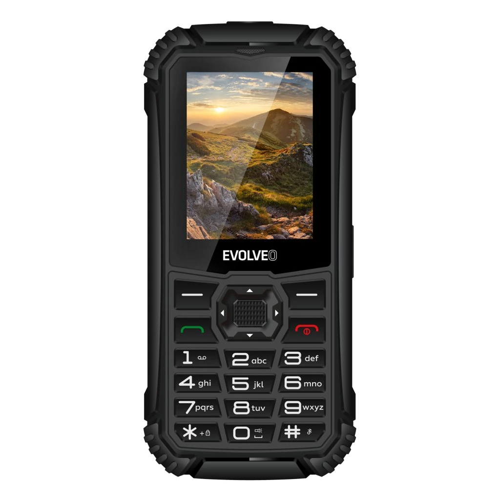 Fekete, robusztus telefon, amelynek képernyőjén egy tájkép látható. A billentyűzeten számgombok és egyéb funkciógombok találhatók.