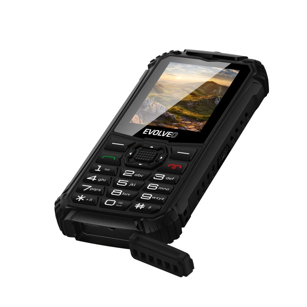 Fekete, strapabíró telefon, tájképet mutató képernyővel. Gombok láthatók. A márka az EVOLVEO.