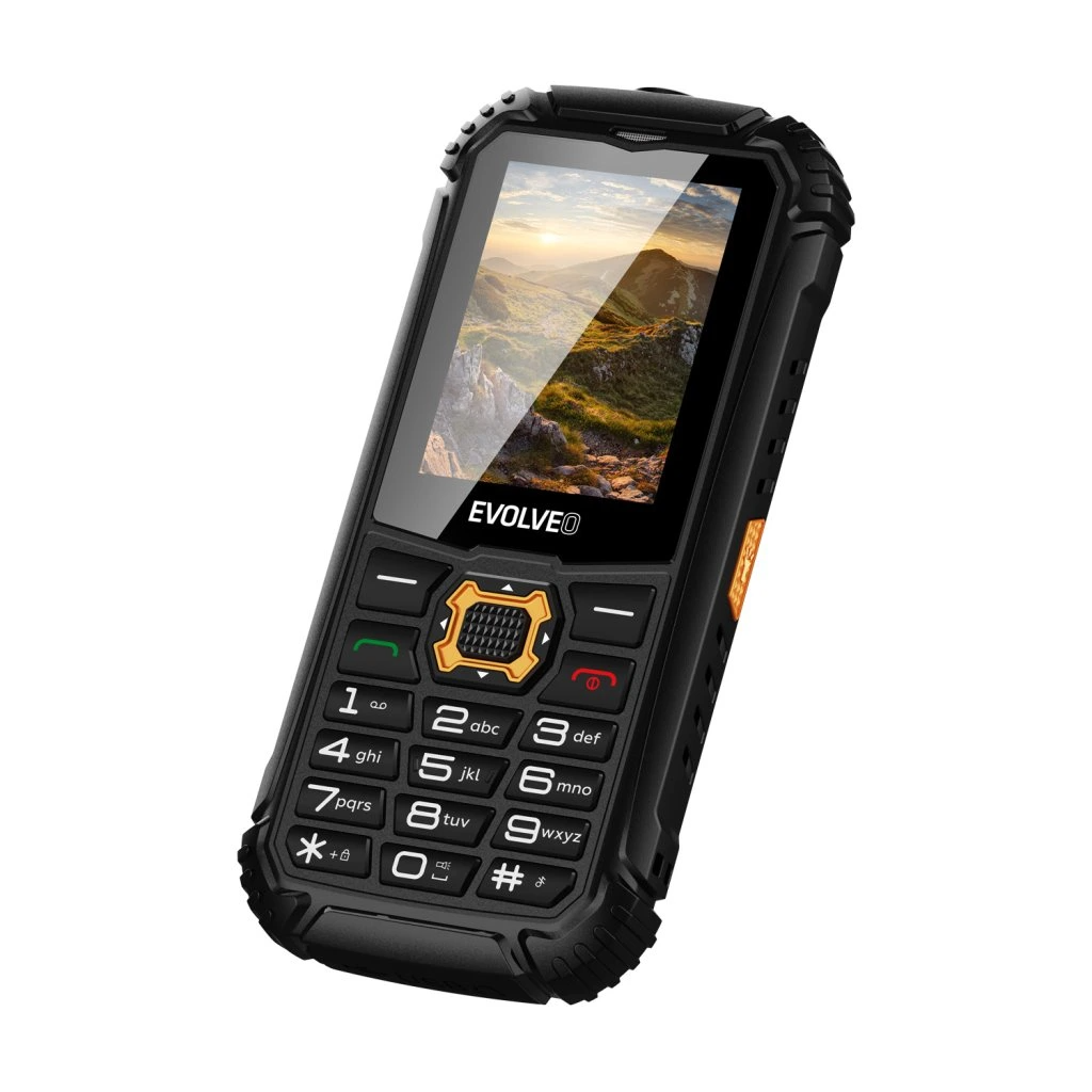 Fekete, strapabíró telefon, hegyvidéket mutató képernyővel. Számgombok és egy narancssárga középső gomb található rajta.