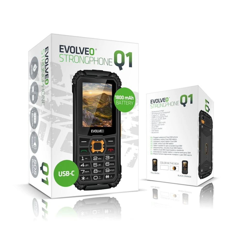 Fekete-narancs robusztus okostelefon doboz telefon képpel. Szöveg: Strongphone Q1, 1800 mAh-s akkumulátor, USB-C.