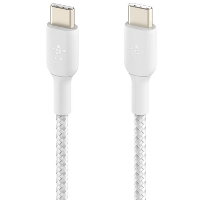 İki beyaz USB-C kablosu. Her birinin gümüş bir konektör başlığı ve beyaz örgülü bir kablosu var. Arka plan düz beyaz.