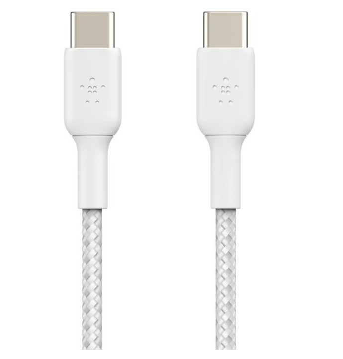 Yan yana iki beyaz USB-C kablosu. Her birinin gümüş bir konektörü ve beyaz örgülü bir kablosu var.