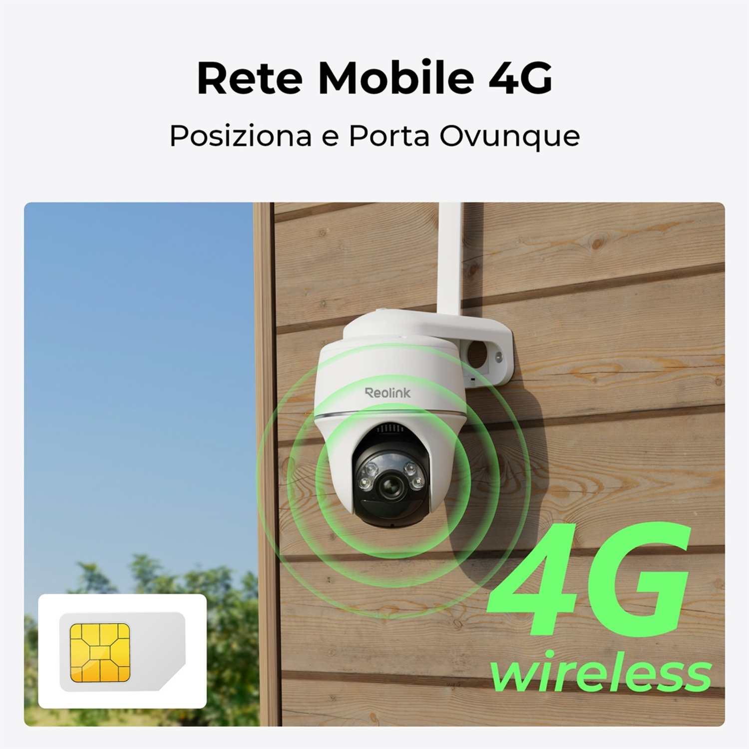 Una telecamera di sicurezza Reolink è montata su legno. Viene mostrata una SIM con le parole '4G wireless'.