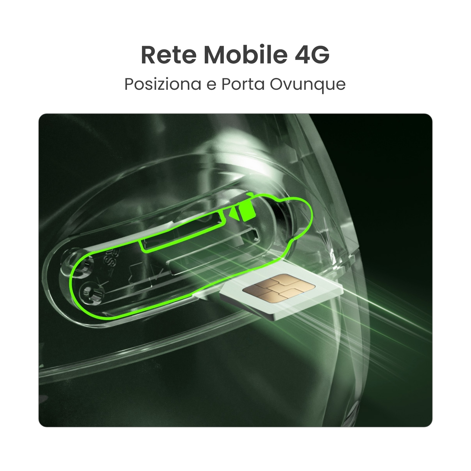 Una SIM in un telefono. I contorni verdi evidenziano lo slot SIM. Il testo in alto dice 'Mobile 4G Network'.