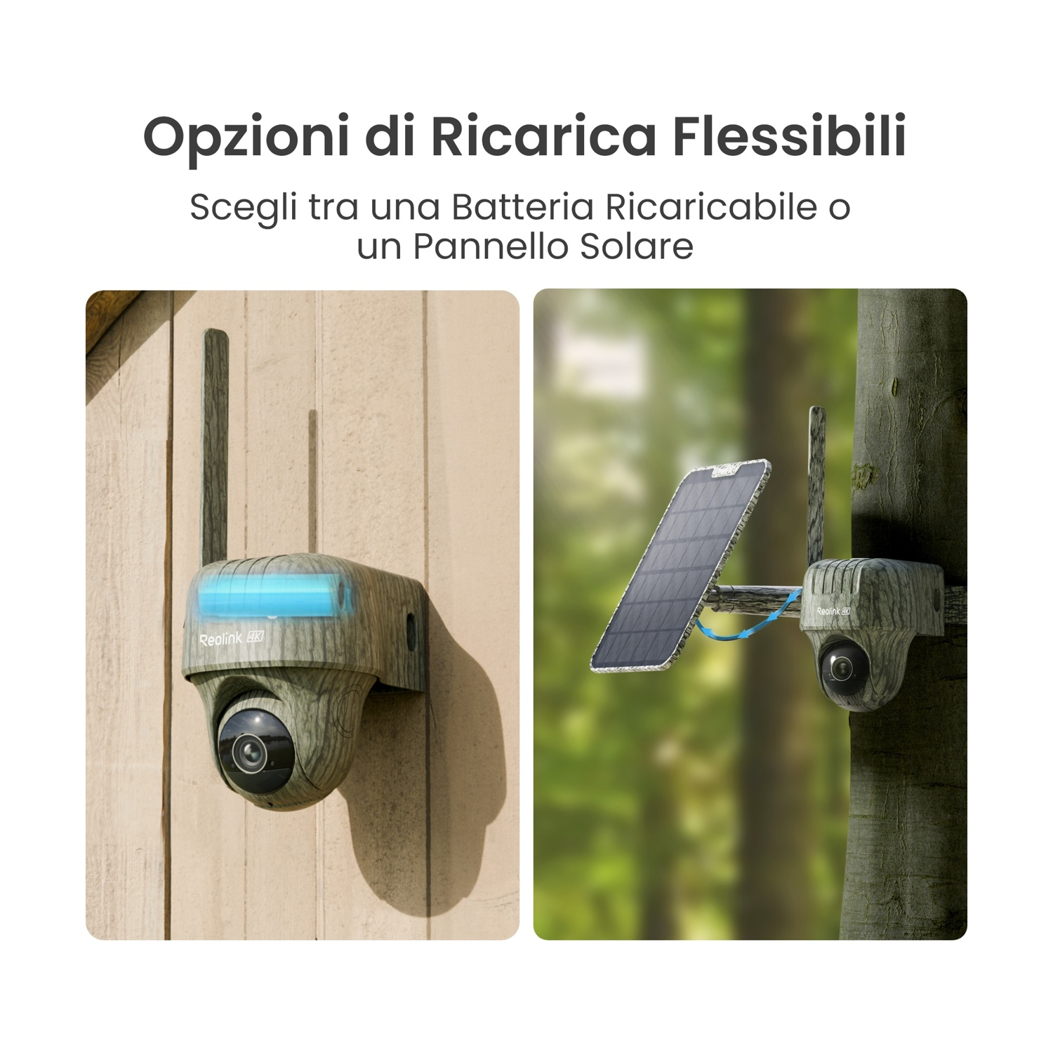 L'immagine mostra due telecamere di sicurezza. Una è montata su legno, l'altra su un albero. Il testo dice 'Opzioni di ricarica flessibili'.