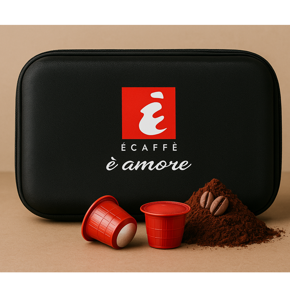 Eine schwarze Tasche mit Logo, zwei roten Kaffeekapseln und Kaffeepulver mit Kaffeebohnen auf braunem Untergrund.