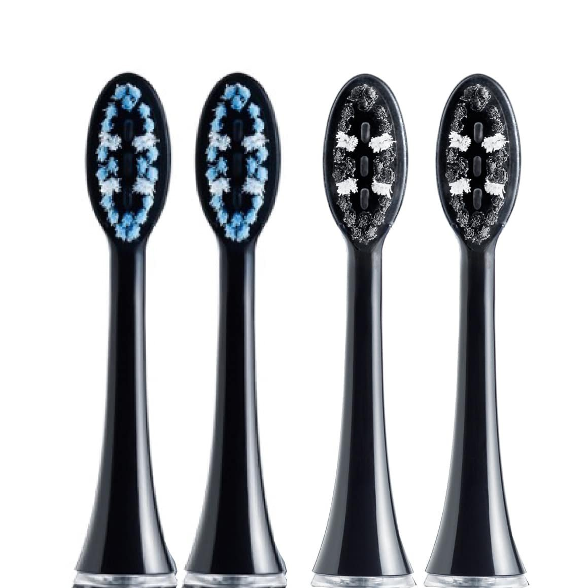 Cztery czarne głowice szczoteczek do zębów. Dwie mają niebieskie i białe włosie, dwie białe i szare. Wszystkie na białym tle.