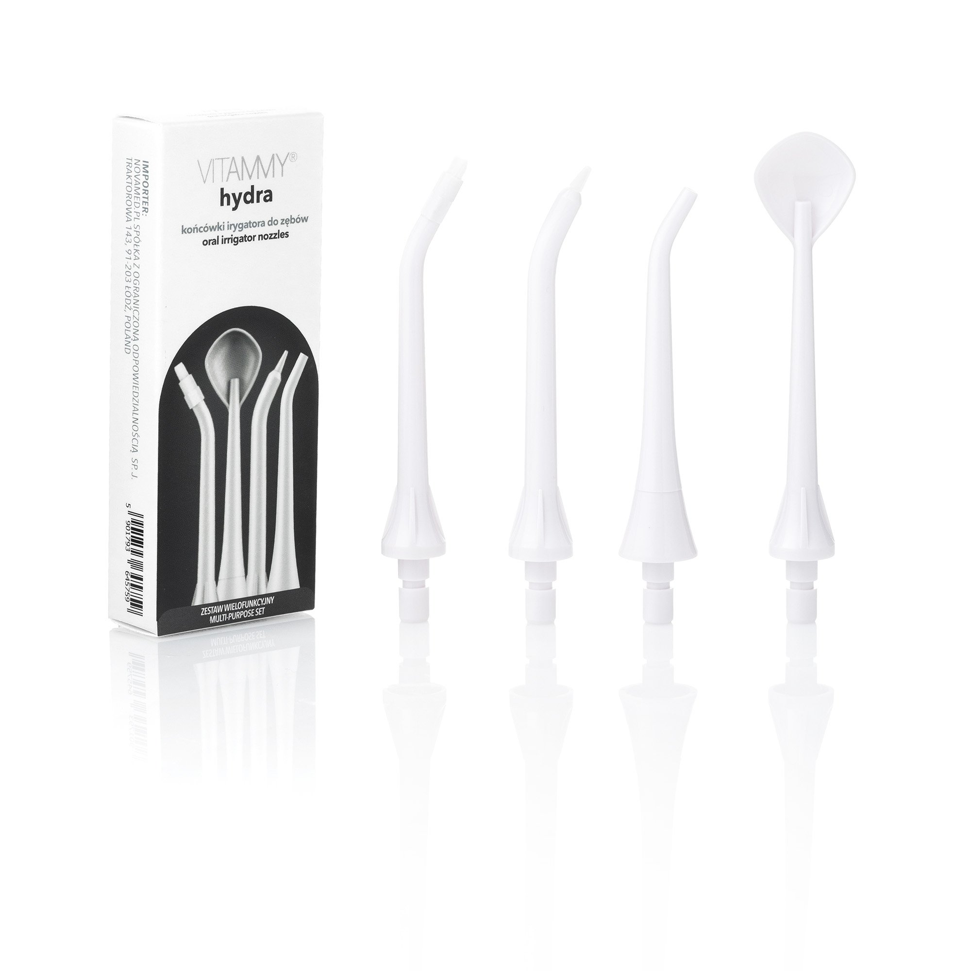Białe pudełko z tekstem i czterema białymi końcówkami do irygatora jamy ustnej. Pudełko jest oznaczone 'VITAMMY hydra'.